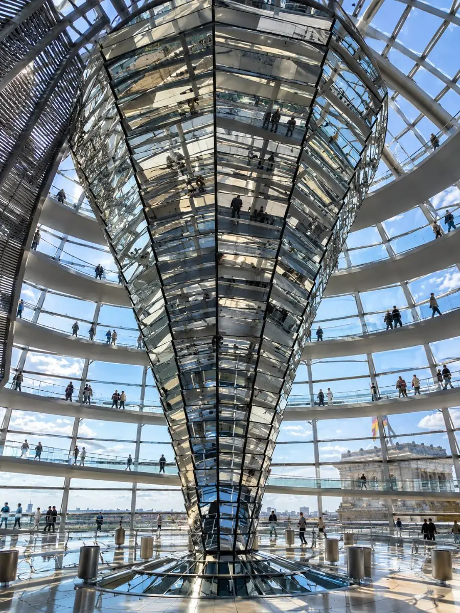 View of the glass Reichstag dome with its spiral ramps and mirrored cone